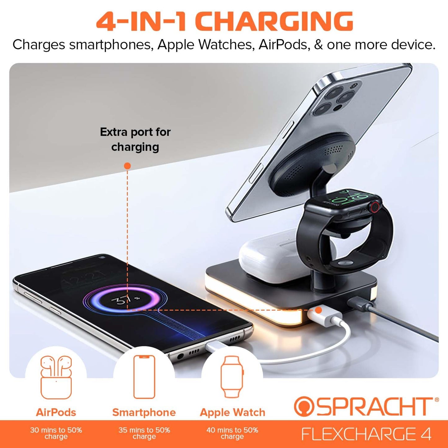 Spracht Flex Charge 4, base de carga inalámbrica 4 en 1 | Cargador rápido de 25 W, conexión magnética - Compatible con smartphones, relojes, auriculares y dispositivos compatibles con Qi | Luz nocturna, base de carga magnética (negro)