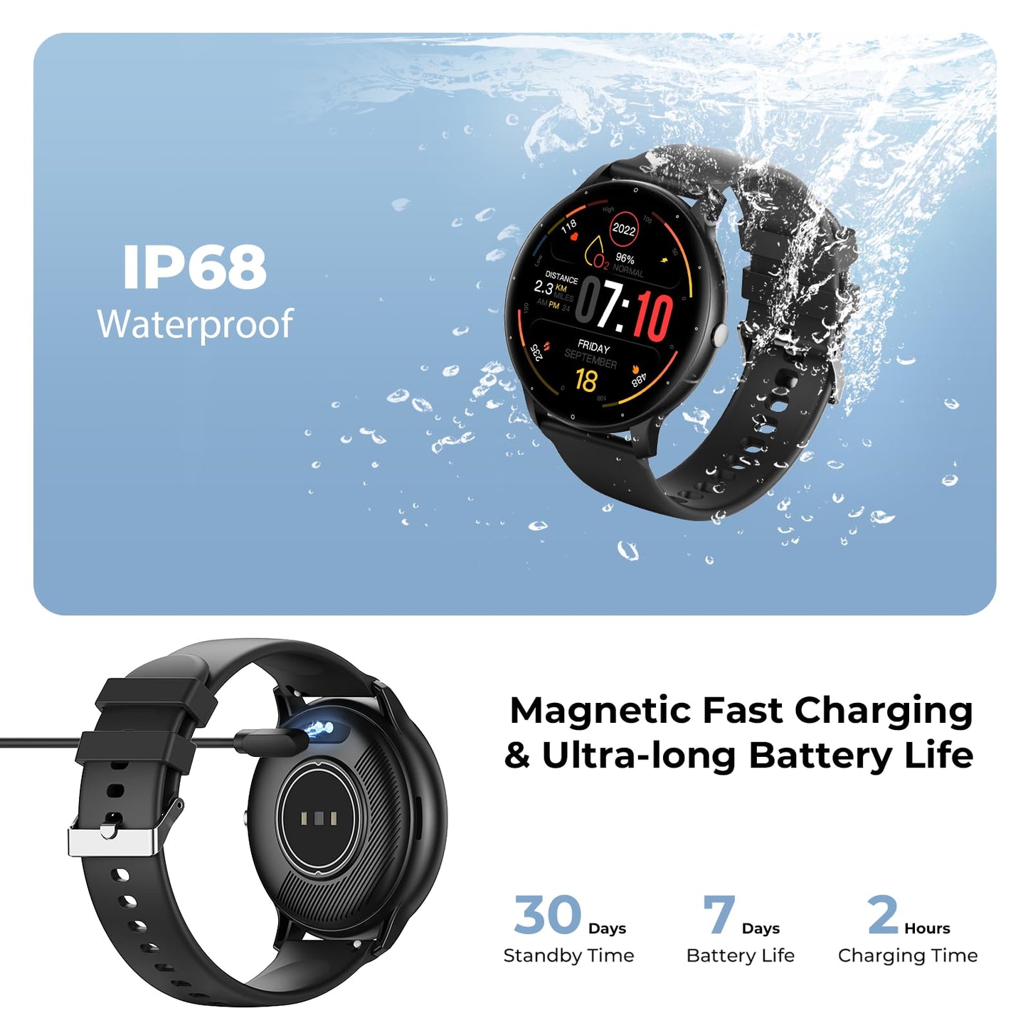 Reloj inteligente TIFOZEN para hombre y mujer (contesta y realiza llamadas), monitor de actividad física HD de 1.39", 30 modos deportivos, monitor de frecuencia cardíaca, SpO2 y sueño, resistente al agua IP68, compatible con iPhone y Android, color negro.