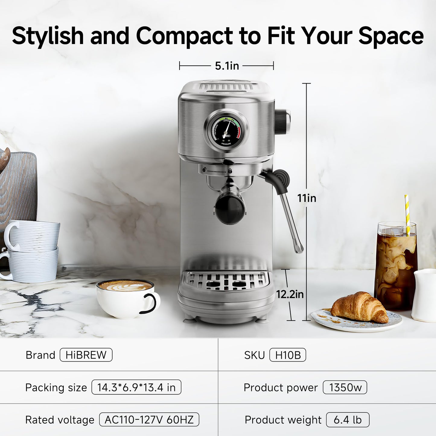 HIBREW H10B - Cafetera espresso de 51 mm - Temperatura y volumen de taza ajustables a voluntad - Con pantalla inteligente y manómetro - Cuerpo de acero inoxidable