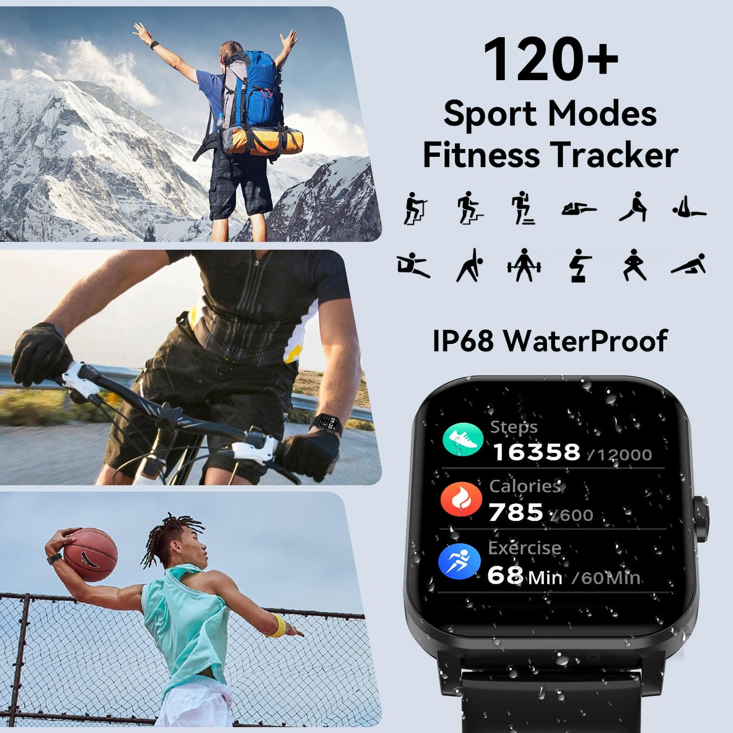 Reloj inteligente de 1,85" para hombre y mujer (contestador/llamada), monitor de ritmo cardíaco, sueño, podómetro, más de 120 modos deportivos, resistente al agua IP68, compatible con Android e iOS (negro)