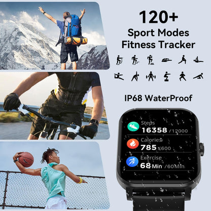 Reloj inteligente de 1,85" para hombre y mujer (contestador/llamada), monitor de ritmo cardíaco, sueño, podómetro, más de 120 modos deportivos, resistente al agua IP68, compatible con Android e iOS (negro)