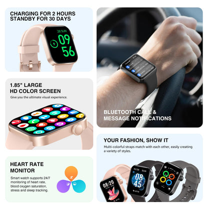 DDXCAW Smart Watch (Answer/Dial Call),1.85" Touch Display Fitness Tracker with Heart Rate Blood Oxygen Sleep Monitor,147 Sport Modes Smartwatch with IP68 Waterproof,Step Counter Watch for iOS Android