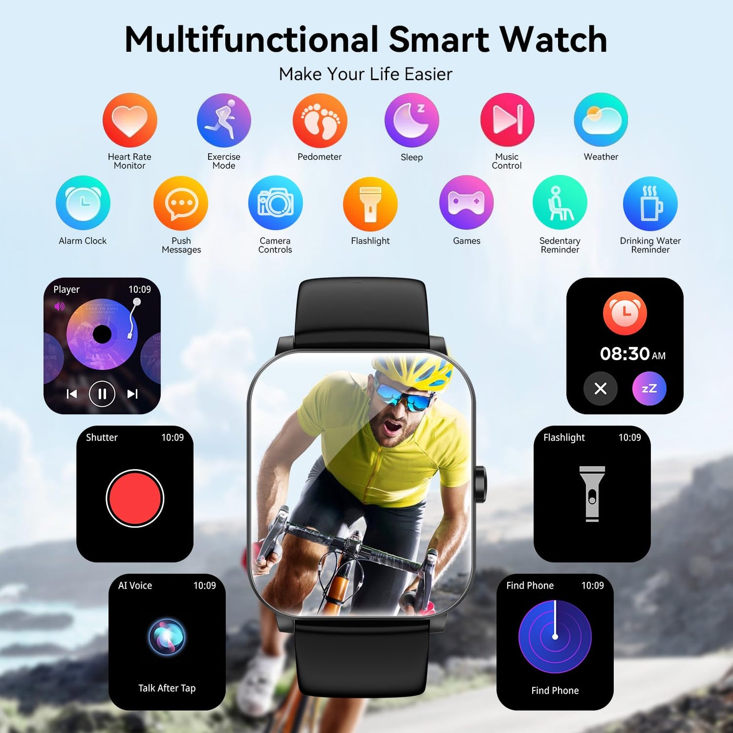 Reloj inteligente de 1,85" para hombre y mujer (contestador/llamada), monitor de ritmo cardíaco, sueño, podómetro, más de 120 modos deportivos, resistente al agua IP68, compatible con Android e iOS (negro)