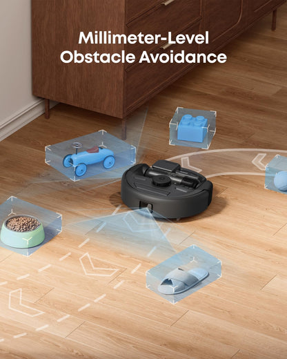 Robot aspirador 3 en 1 eufy E20, autovaciado hasta 10 semanas, potencia máxima de 30 000 Pa, versátil combinación de aspiradora de mano y de varilla, sistema inteligente para evitar obstáculos, desenredante, ideal para alfombras, grietas y escaleras.