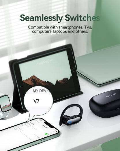 GNMN Ear Buds Wireless Earbuds 96hrs Playback Bluetooth Headphones IPX7 Waterproof Stereo Bass Over-Ear Earphones with Earhooks Microphone LED Battery Display for Sports/Workout/Gym/Running Black