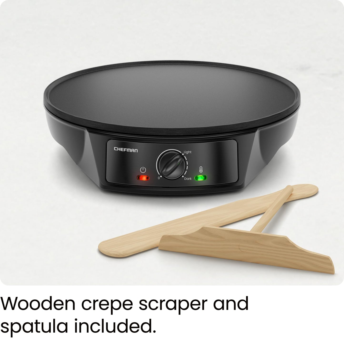Crepera eléctrica CHEFMAN: Control preciso de temperatura, plancha antiadherente de 30 cm, perfecta para crepas, tortillas, blintzes, panqueques, waffles, huevos y tocino. Incluye espátula y espátula para masa, color negro.