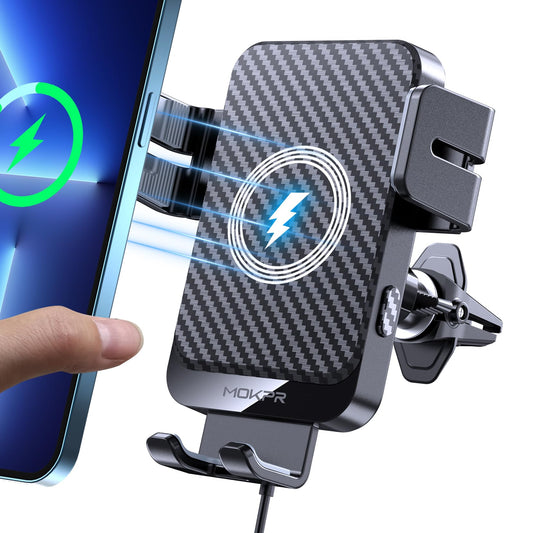 Cargador inalámbrico para coche MOKPR de 15 W, carga rápida, sujeción automática, soporte para teléfono en la rejilla de ventilación, compatible con iPhone 16/15/14/13/13 Pro/12 Pro/12/11, Samsung Galaxy S23/S22/S21/S20, etc.