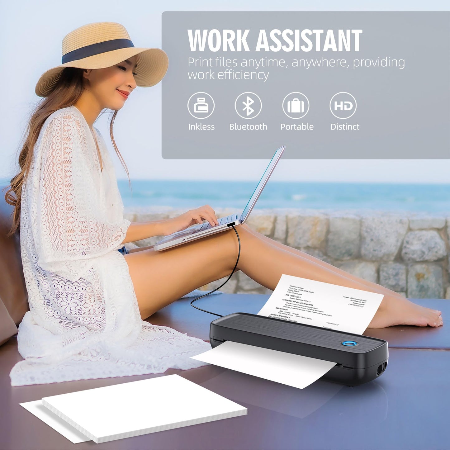 Portable Printer Wireless for Travel，Bluetooth Thermal Support 8.5inches X 11inches US Letter &Legal, A4&A5 Thermal Paper, Inkless Compatible with iOS, Android & Laptop for Office Car Home