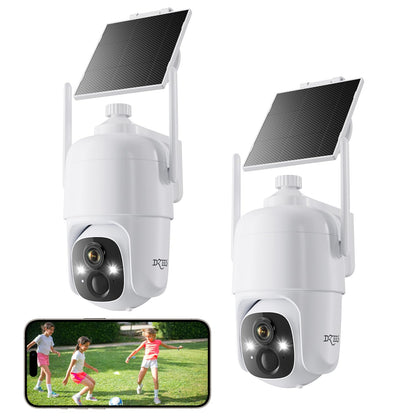 Dzees Solar Security Cameras Wireless Outdoor, 2K Battery Powered Security Camera, 360° PTZ Camera with Spotlight, Siren, Color Night Vision, AI Dectection, IP66 for Home Security, 2.4GHz 2-Pack