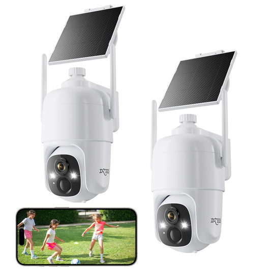 Dzees Solar Security Cameras Wireless Outdoor, 2K Battery Powered Security Camera, 360° PTZ Camera with Spotlight, Siren, Color Night Vision, AI Dectection, IP66 for Home Security, 2.4GHz 2-Pack