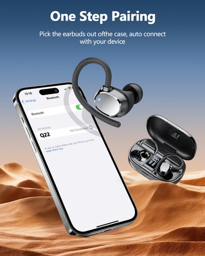 Auriculares inalámbricos deportivos con Bluetooth 5.3 y 128 horas de duración, con micrófono con cancelación de ruido ENC, estéreo de graves, resistentes al agua IP7 y con gancho para las orejas para fitness y running.
