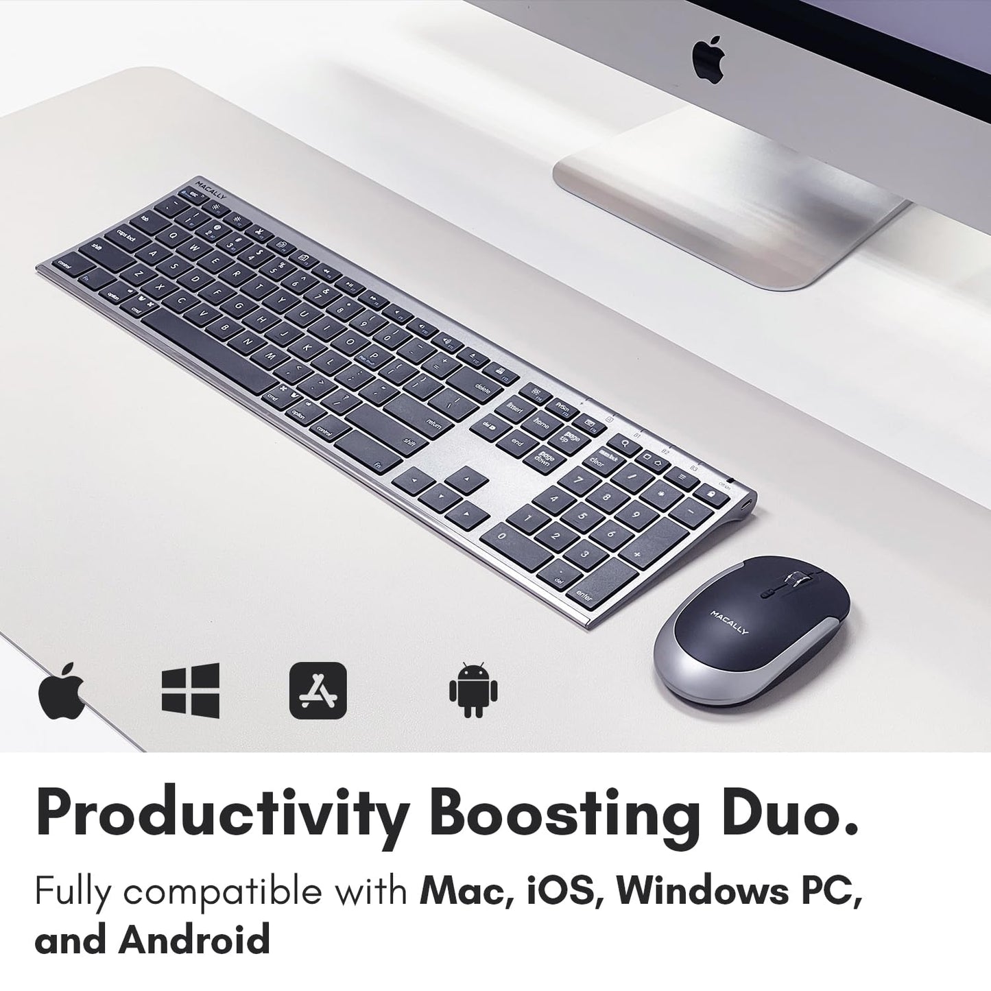 Teclado y ratón Bluetooth premium Macally para Mac | Combo de teclado y ratón inalámbricos compatibles con Apple (110 teclas, recargables para múltiples dispositivos) para MacBook Pro/Air e iMac - Gris espacial