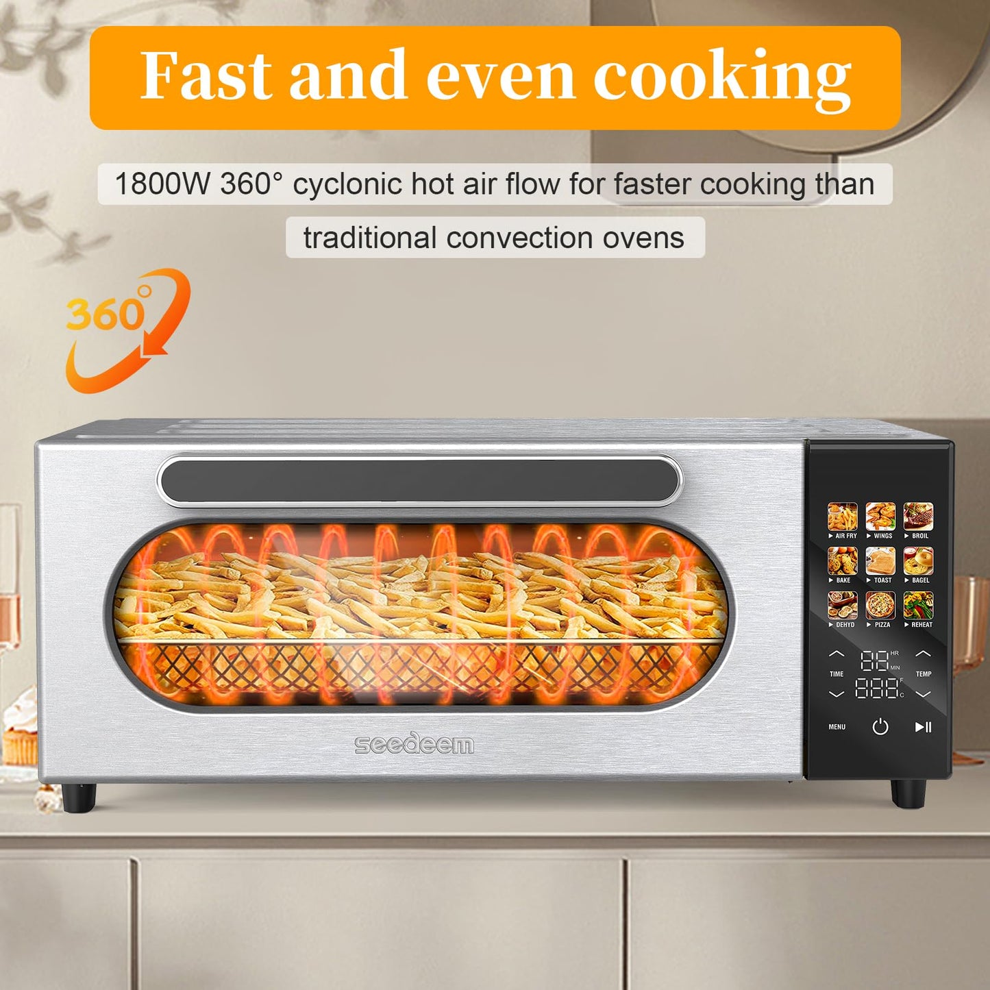 SEEDEEM 10-in-1 Air Convection Toaster Oven, 15L Convection Toaster Oven Cooker with Color LCD Display and Touch Screen, Toaster, Air Fryer, Dehydrate, 4 Accessories Included, 1800W, Silver
