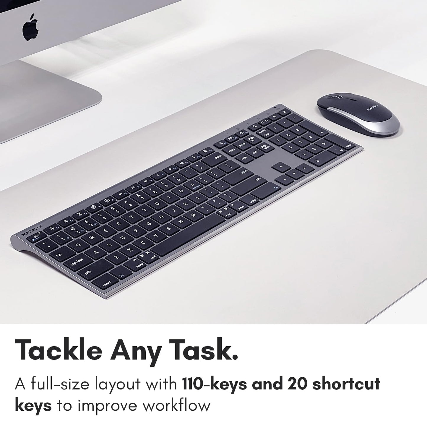 Teclado y ratón Bluetooth premium Macally para Mac | Combo de teclado y ratón inalámbricos compatibles con Apple (110 teclas, recargables para múltiples dispositivos) para MacBook Pro/Air e iMac - Gris espacial