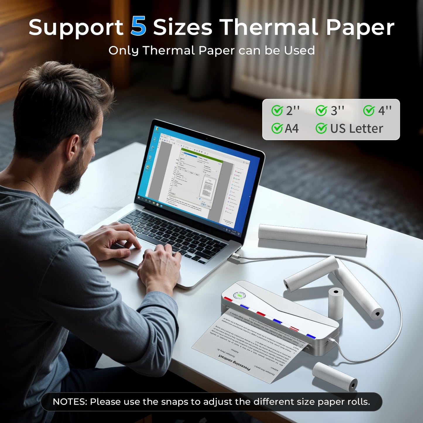 Impresora térmica portátil Phomemo - Impresora portátil inalámbrica para viajes, compatible con tamaños Carta (EE. UU.) y A4 (8,5 x 11 pulgadas), impresora sin tinta Bluetooth M836 para uso doméstico, compatible con iPhone y portátil, 1 rollo de papel.