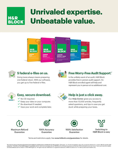 Software de Impuestos Deluxe de H&amp;R Block + Estado 2024 con Bonificación de Reembolso (Exclusivo de Amazon) para Windows/Mac [Código en línea para PC/Mac]