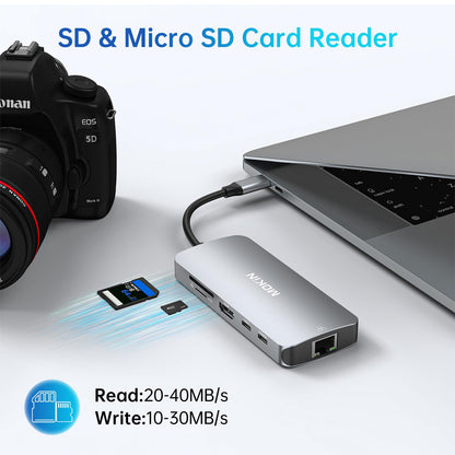 Adaptadores USB C para MacBook Pro/Air, adaptador Mac con 3 puertos USB, USB C a HDMI, USB C a Ethernet RJ45, adaptador MOKiN 9 en 1 USB C a HDMI, carga PD de 100 W, concentrador USB C con lector de tarjetas SD/TF.