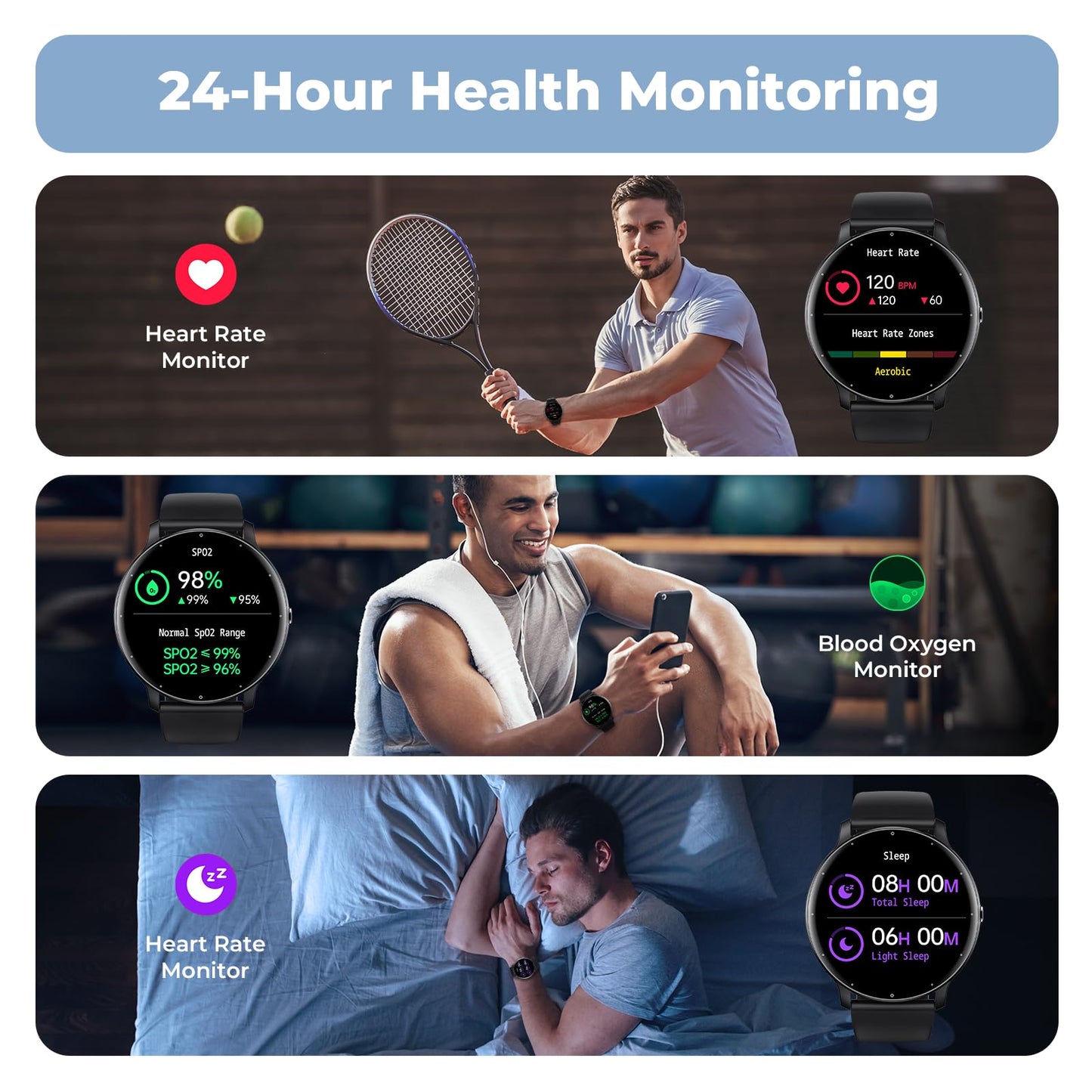 Reloj inteligente TIFOZEN para hombre y mujer (contesta y realiza llamadas), monitor de actividad física HD de 1.39", 30 modos deportivos, monitor de frecuencia cardíaca, SpO2 y sueño, resistente al agua IP68, compatible con iPhone y Android, color negro.