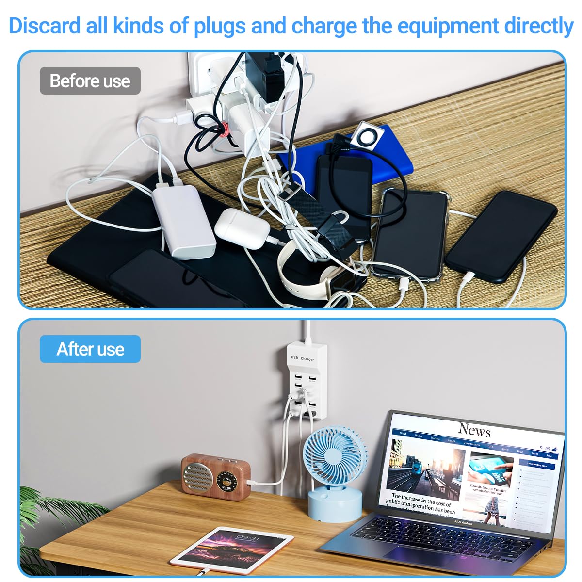 Estación de carga WUCOHATI: concentrador de carga USB de 10 puertos, cargador multipuerto inteligente, cable de extensión de 70,8 pulgadas, compatible con diversos dispositivos, como teléfonos, cámaras, auriculares Bluetooth, tabletas, etc. (1 unidad)