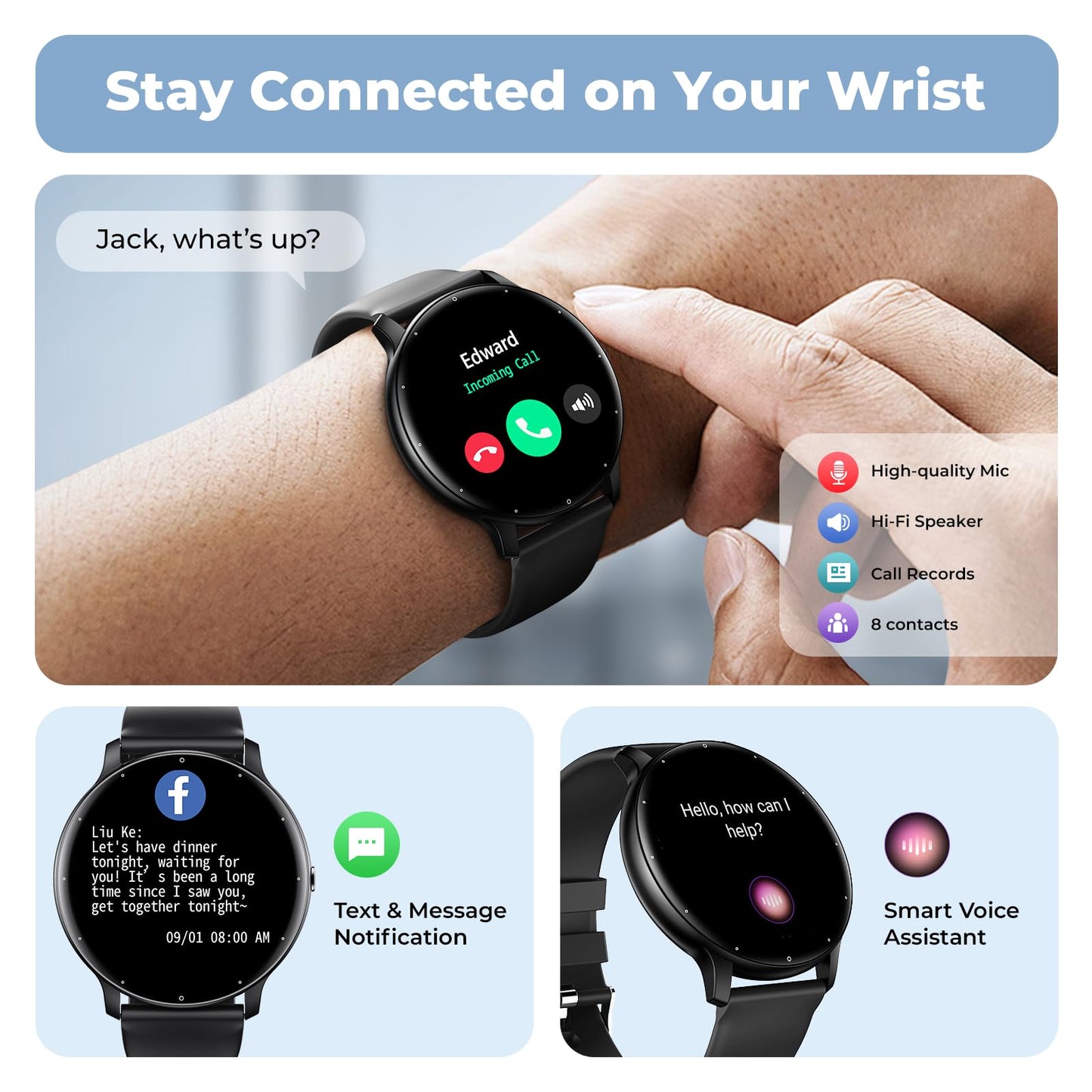 Reloj inteligente TIFOZEN para hombre y mujer (contesta y realiza llamadas), monitor de actividad física HD de 1.39", 30 modos deportivos, monitor de frecuencia cardíaca, SpO2 y sueño, resistente al agua IP68, compatible con iPhone y Android, color negro.