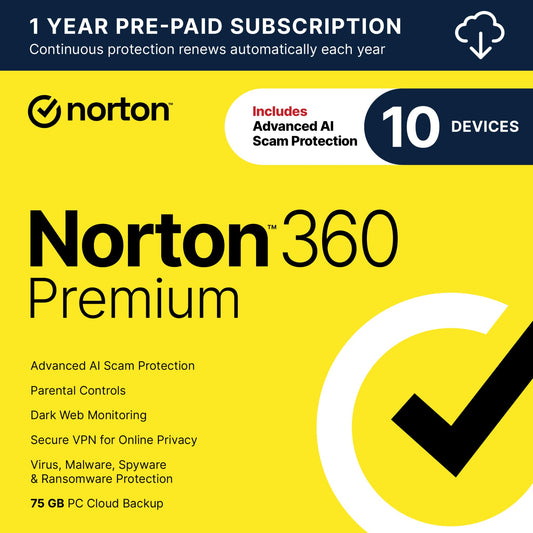 Norton 360 Premium 2025, software antivirus para 10 dispositivos con renovación automática. Incluye protección avanzada contra estafas con IA, VPN, monitoreo de la Dark Web y copia de seguridad en la nube para PC [Descargar]