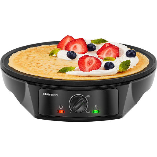 Crepera eléctrica CHEFMAN: Control preciso de temperatura, plancha antiadherente de 30 cm, perfecta para crepas, tortillas, blintzes, panqueques, waffles, huevos y tocino. Incluye espátula y espátula para masa, color negro.