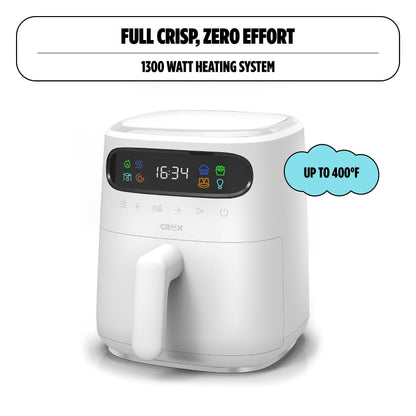 CRUX x Marshmello 3.0 QT Digital Air Fryer with TurboCrisp Technology, Touch Screen Temperature Control, Timer and Auto Shut-off, Fully Programmable, Silicone Cupcake Molds Included, White