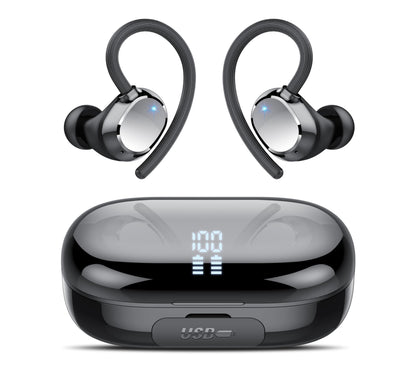Auriculares inalámbricos deportivos con Bluetooth 5.3 y 128 horas de duración, con micrófono con cancelación de ruido ENC, estéreo de graves, resistentes al agua IP7 y con gancho para las orejas para fitness y running.