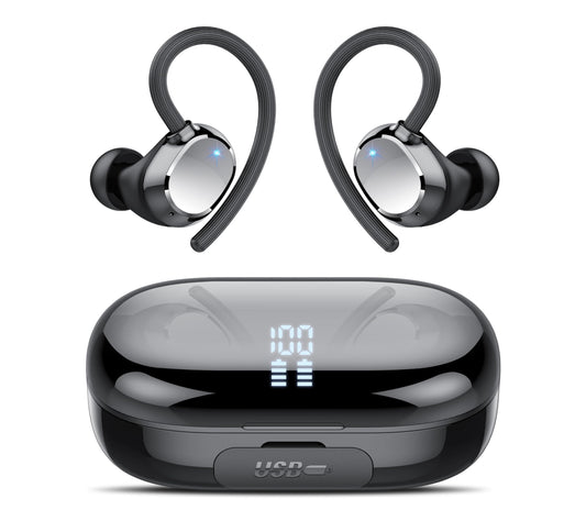 Auriculares inalámbricos deportivos con Bluetooth 5.3 y 128 horas de duración, con micrófono con cancelación de ruido ENC, estéreo de graves, resistentes al agua IP7 y con gancho para las orejas para fitness y running.