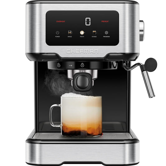 Cafetera digital Chefman CraftBrew de 15 bares con bomba y vaporizador para latte y capuchino, compacta, con depósito de agua extraíble de 1,8 l, de acero inoxidable.