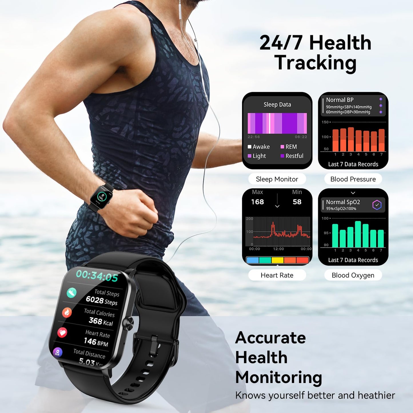 Reloj inteligente de 1,85" para hombre y mujer (contestador/llamada), monitor de ritmo cardíaco, sueño, podómetro, más de 120 modos deportivos, resistente al agua IP68, compatible con Android e iOS (negro)