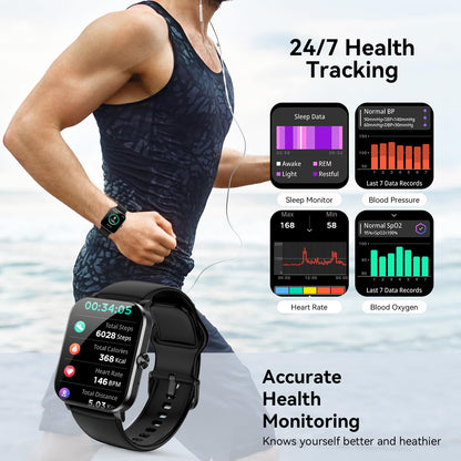 Reloj inteligente de 1,85" para hombre y mujer (contestador/llamada), monitor de ritmo cardíaco, sueño, podómetro, más de 120 modos deportivos, resistente al agua IP68, compatible con Android e iOS (negro)