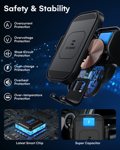 Cargador inalámbrico para coche ZeeHoo, carga rápida de 15 W, soporte para teléfono con sujeción automática, compatible con iPhone 15, 14, 13, 12, 11 Pro Max, Xs, etc. (negro)