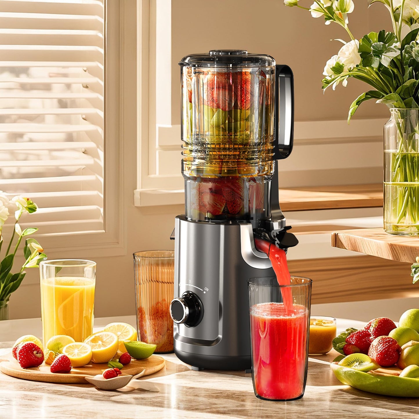 Hobsir Juicer Machines, 5.3-Inch Cold Press Juicer, Masticating Slow Juicer Machines with 300W, Large Feed Chute Juice Machines for Vegetables and Fruits, Easy to Clean Juicers, High Juice Yield Black