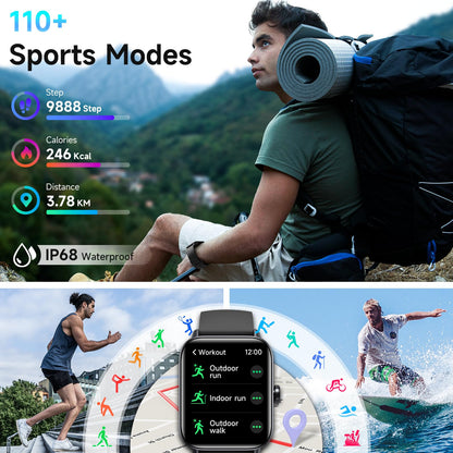 Hingso Smart Watches for Men Women Android & iPhone, Alexa Built-in, 1.8" Fitness Tracker with Answer/Make Calls, IP68 Waterproof Fitness Watch,Heart Rate, Sleep, SpO2 Monitor,Pedometer, Black