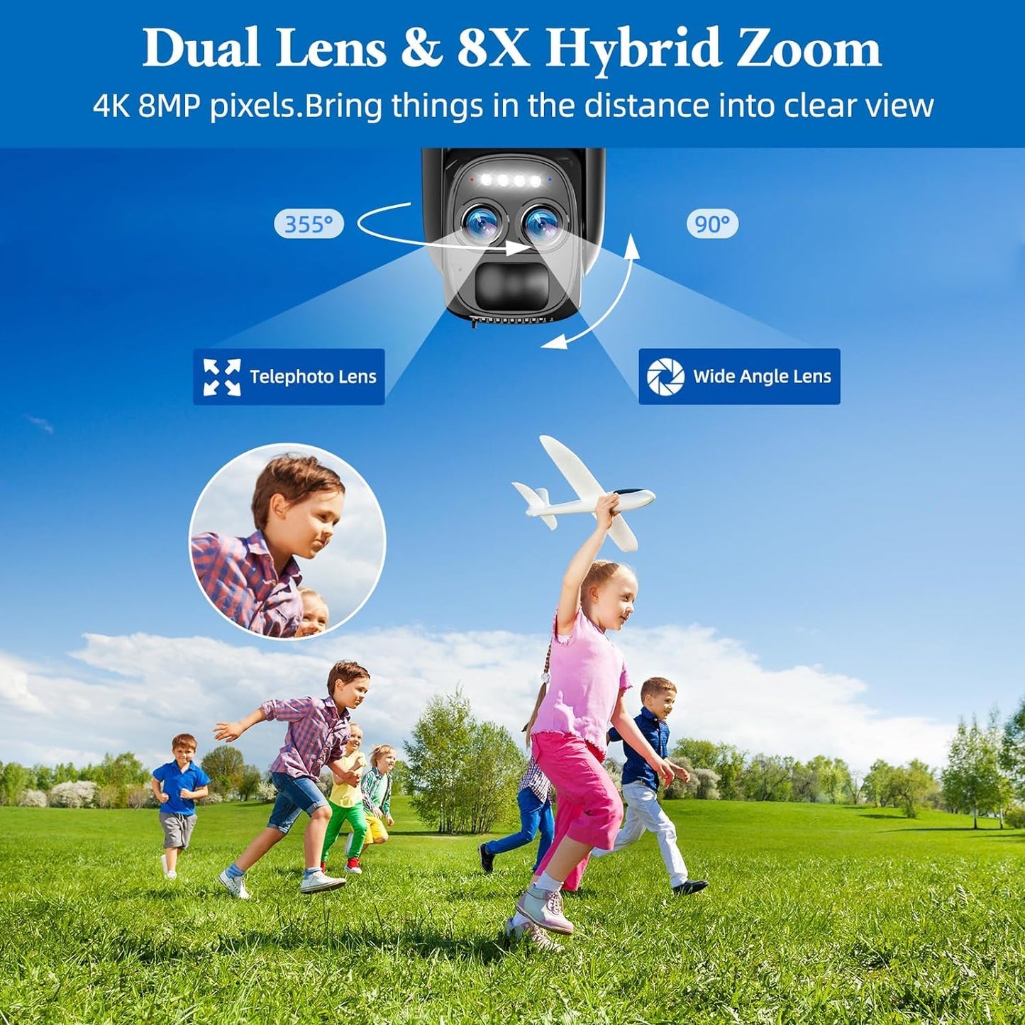 Uniter 4K Solar Security Camera Wireless Outdoor, 2.4g & 5g WiFi, 360° PTZ Home Security Camera with Color Night Vision, Spotlight Siren, PIR Sensor, Motion Detection, Auto Tracking, 2 Pack