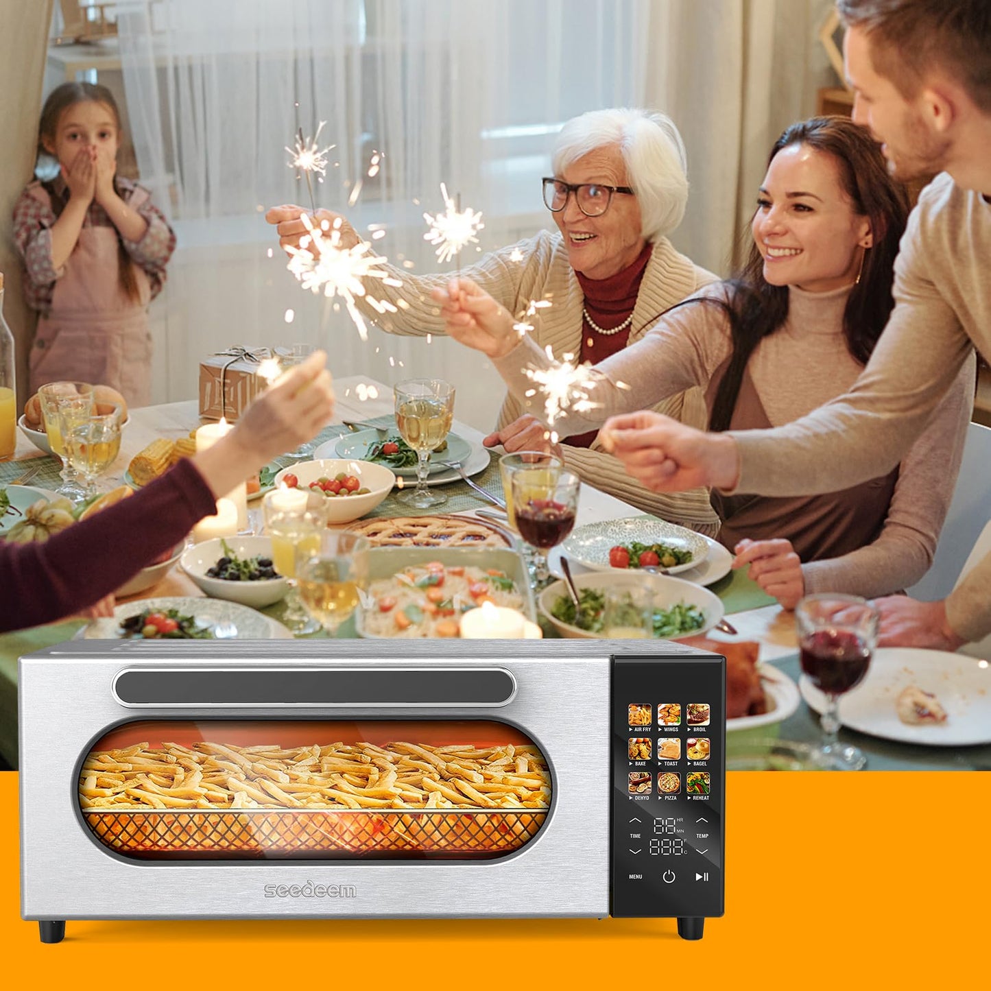 SEEDEEM 10-in-1 Air Convection Toaster Oven, 15L Convection Toaster Oven Cooker with Color LCD Display and Touch Screen, Toaster, Air Fryer, Dehydrate, 4 Accessories Included, 1800W, Silver