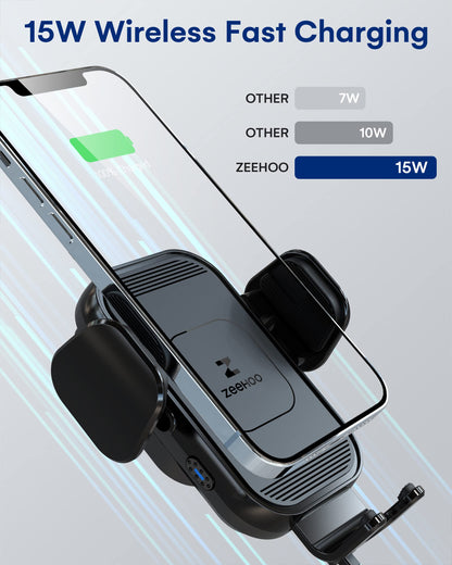 Cargador inalámbrico para coche ZeeHoo, carga rápida de 15 W, soporte para teléfono con sujeción automática, compatible con iPhone 15, 14, 13, 12, 11 Pro Max, Xs, etc. (negro)