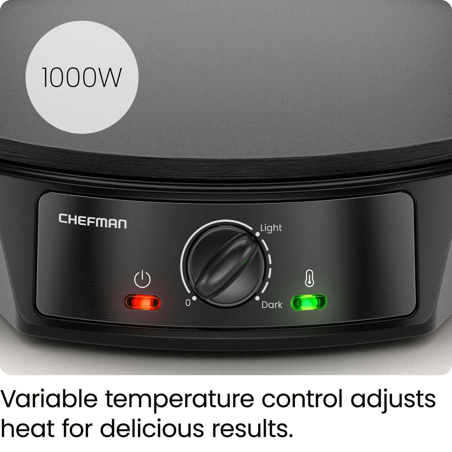 Crepera eléctrica CHEFMAN: Control preciso de temperatura, plancha antiadherente de 30 cm, perfecta para crepas, tortillas, blintzes, panqueques, waffles, huevos y tocino. Incluye espátula y espátula para masa, color negro.