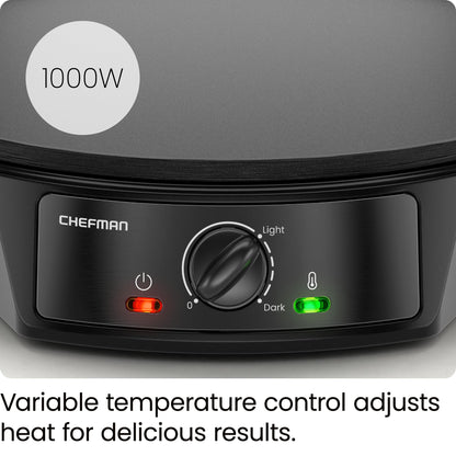 Crepera eléctrica CHEFMAN: Control preciso de temperatura, plancha antiadherente de 30 cm, perfecta para crepas, tortillas, blintzes, panqueques, waffles, huevos y tocino. Incluye espátula y espátula para masa, color negro.