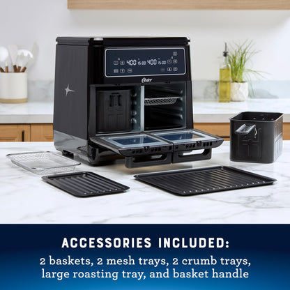 Oster 11-Quart Flex Air Fryer Oven, Dual Air Fryer with 2 Cooking Zones, Double Air Fryer with 6 Cooking Functions, Large Air Fryer with 2 Frying Baskets