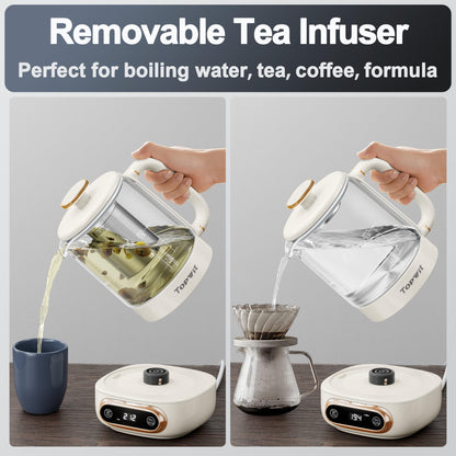 Hervidor eléctrico Topwit, control de temperatura de 11 °C y 4 preajustes, hervidor de vidrio con infusor extraíble, 0.8 l, para café, fórmulas y té, con función de mantener caliente durante 8 horas y protección contra ebullición en seco, beige