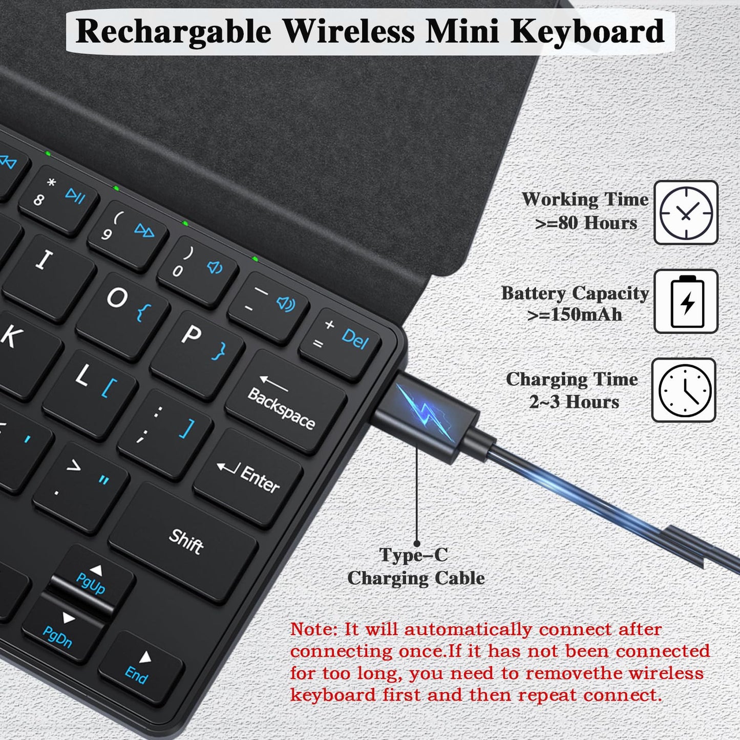 Teclado inalámbrico portátil ultraligero Luntak, miniteclado Bluetooth delgado multidispositivo con soporte angular y funda de cuero, teclado de viaje plegable recargable para iPad/PC/Android/Windows/iOS (negro)