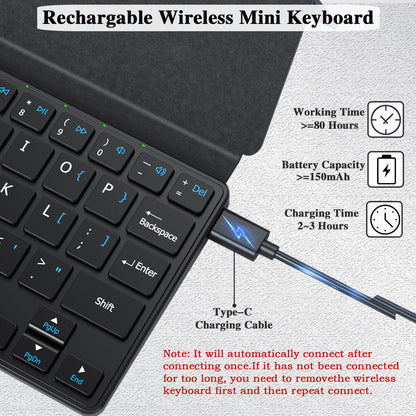 Teclado inalámbrico portátil ultraligero Luntak, miniteclado Bluetooth delgado multidispositivo con soporte angular y funda de cuero, teclado de viaje plegable recargable para iPad/PC/Android/Windows/iOS (negro)