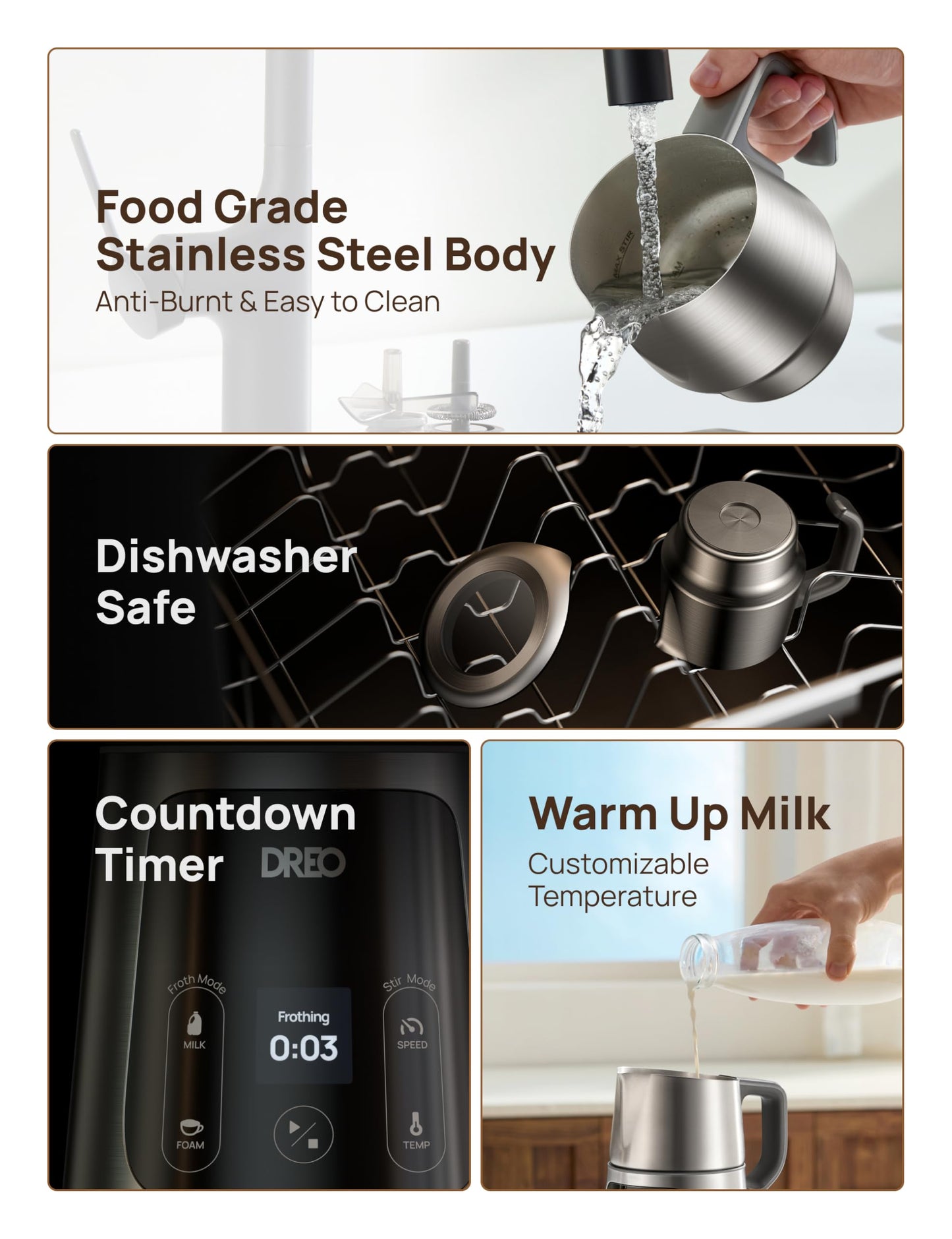 Dreo All-in-1 BaristaMaker Milk Frother, Electric Foam Frother for Latte Art Microfoam and Coffee, 15oz/450ml Automatic Milk Warmer with 30 Drinks, Dishwasher Safe, Dairy/Plant-Based Milk