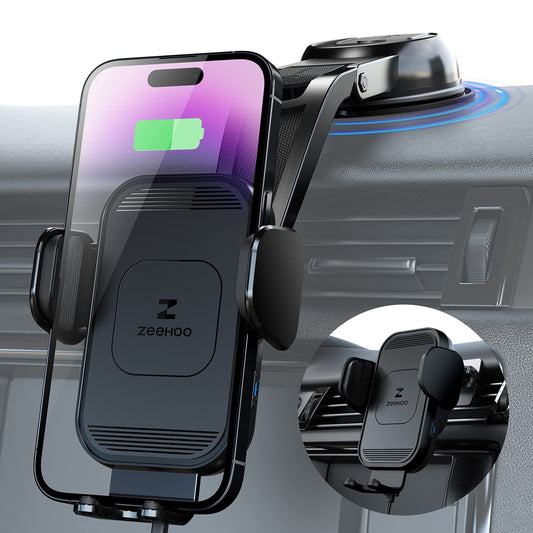 Cargador inalámbrico para coche ZeeHoo, carga rápida de 15 W, soporte para teléfono con sujeción automática, compatible con iPhone 15, 14, 13, 12, 11 Pro Max, Xs, etc. (negro)