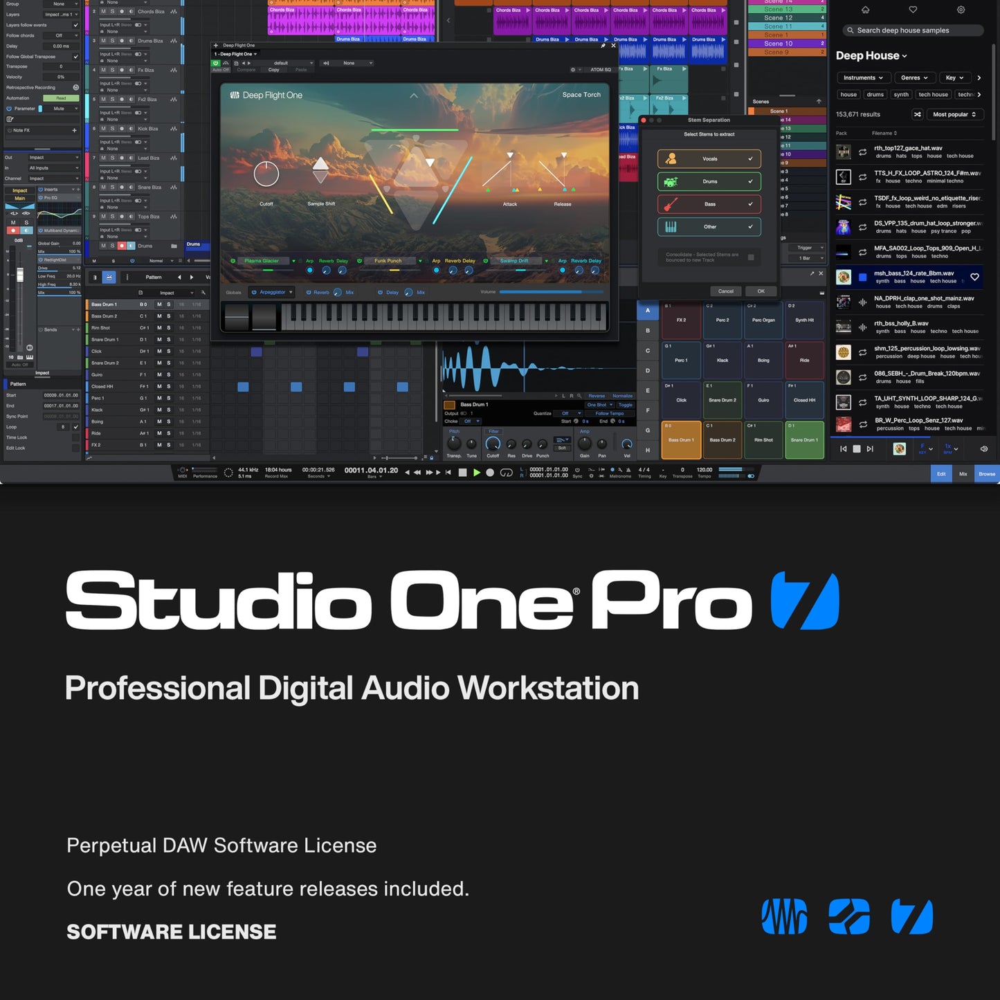 Licencia perpetua de Studio One Pro 7: software DAW de grabación y producción musical con separación de stems, integración de splice, mezcla, masterización, instrumentos virtuales, bucles y samples incluidos.