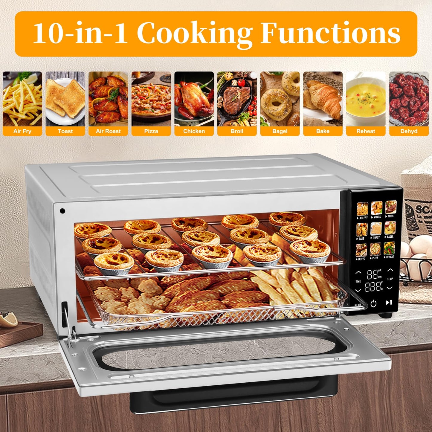 SEEDEEM 10-in-1 Air Convection Toaster Oven, 15L Convection Toaster Oven Cooker with Color LCD Display and Touch Screen, Toaster, Air Fryer, Dehydrate, 4 Accessories Included, 1800W, Silver