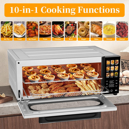 SEEDEEM 10-in-1 Air Convection Toaster Oven, 15L Convection Toaster Oven Cooker with Color LCD Display and Touch Screen, Toaster, Air Fryer, Dehydrate, 4 Accessories Included, 1800W, Silver
