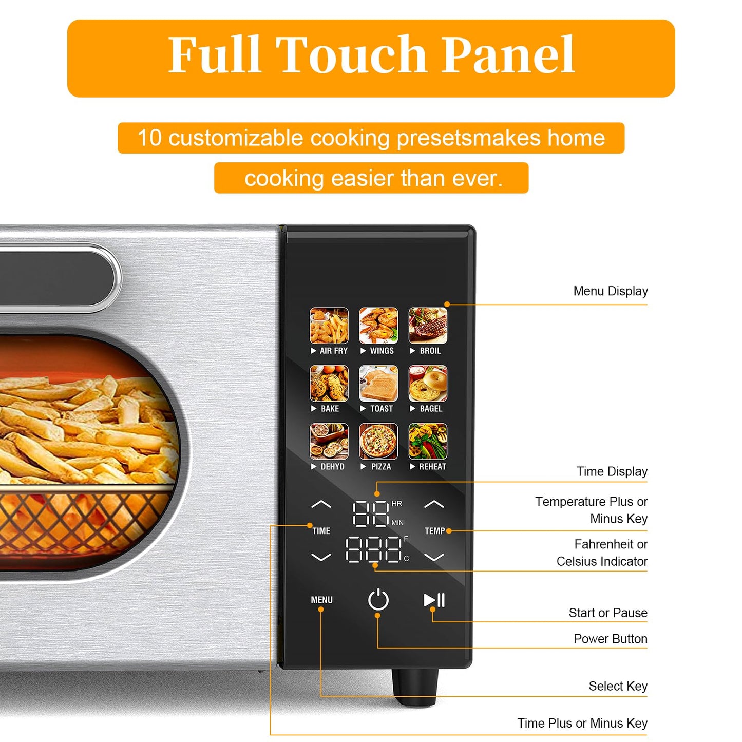 SEEDEEM 10-in-1 Air Convection Toaster Oven, 15L Convection Toaster Oven Cooker with Color LCD Display and Touch Screen, Toaster, Air Fryer, Dehydrate, 4 Accessories Included, 1800W, Silver